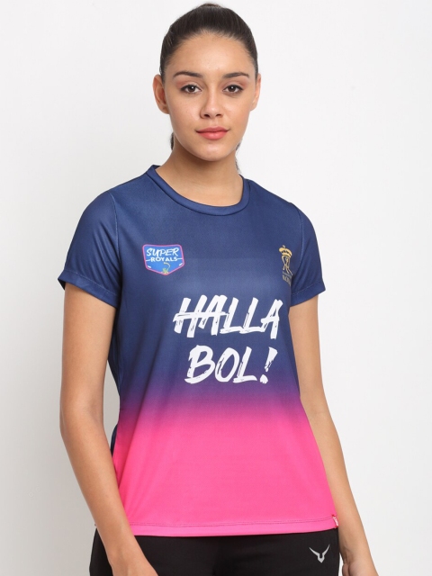 

GULLY Women Navy Blue & Pink Typography Pockets Slim Fit T-shirt