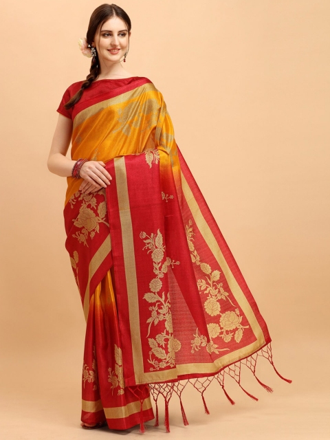 

KALINI Red & Yellow Floral Silk Blend Khadi Saree