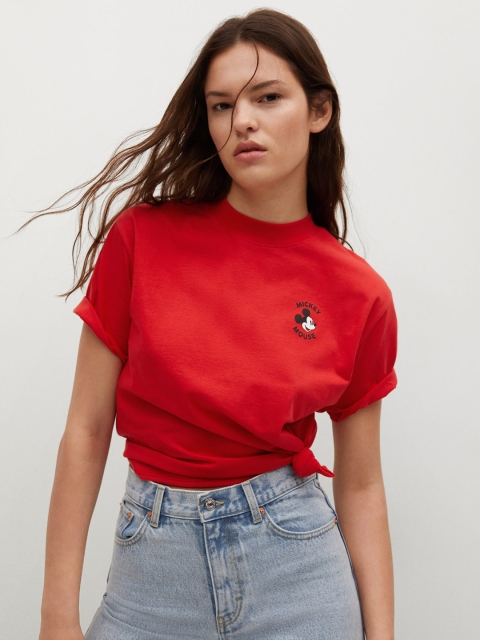 

MANGO Women Red Mickey Mouse Print Detail Pure Cotton T-shirt