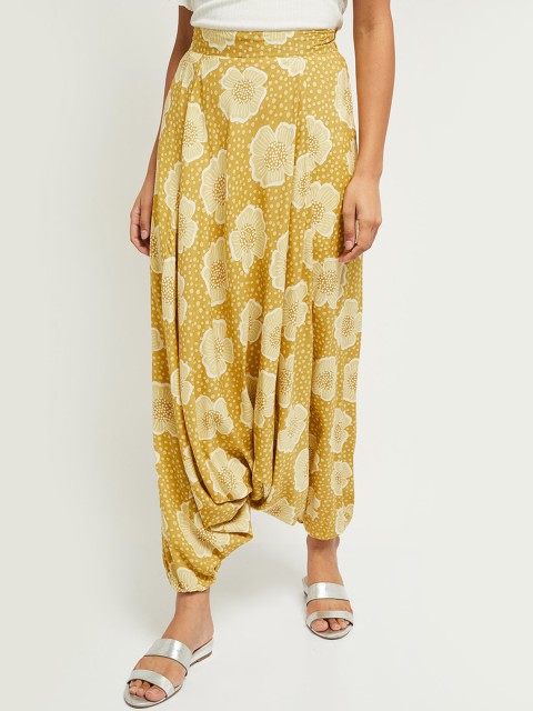 

max Women White & Beige Floral Printed Harem Pants, Yellow