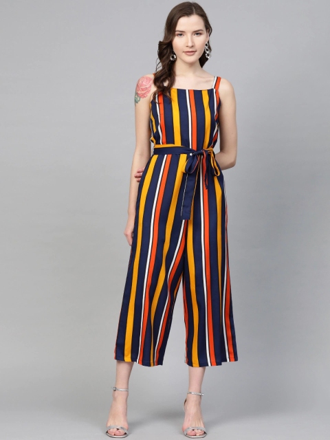 

SIRIKIT Women Navy Blue & Yellow Striped Jumpsuit With Waist Tie-Ups