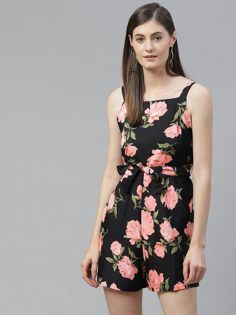 

SIRIKIT Women Black & Pink Floral Printed Playsuit With Waist Tie Ups