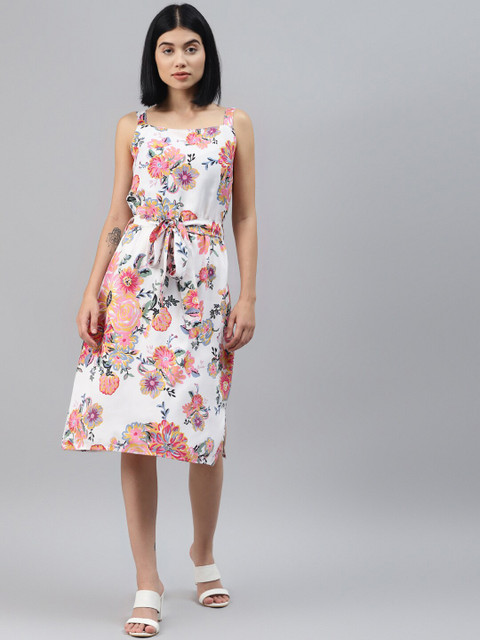 

SIRIKIT White & Multicoloured Floral Crepe Dress