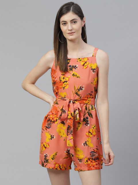 

SIRIKIT Peach-Coloured & Yellow Floral Printed Jumpsuit