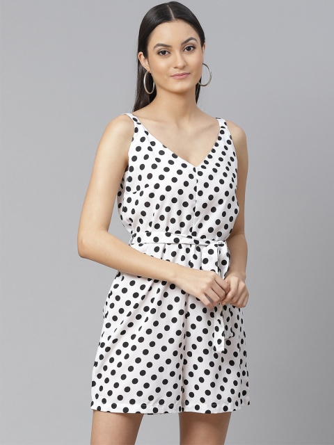 

SIRIKIT Women White & Black Polyester Polka Dots Printed Playsuit With Waist Tie-Ups