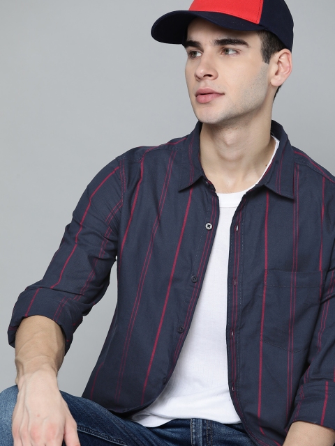 

Harvard Men Navy Blue & Magenta Striped Cotton Casual Shirt