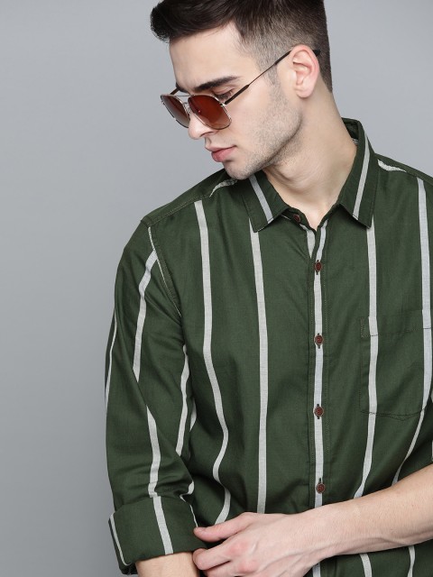 

Harvard Men Olive Green Striped Pure Cotton Casual Shirt