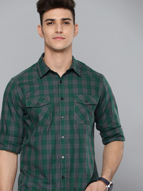 

Harvard Men Green & Grey Pure Cotton Checked Casual Shirt