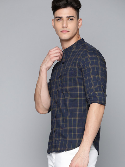 

Harvard Men Navy Blue & Olive Green Pure Cotton Checked Casual Shirt