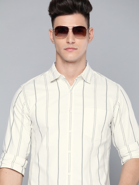 

Harvard Men Off White & Charcoal Grey Pure Cotton Striped Casual Shirt