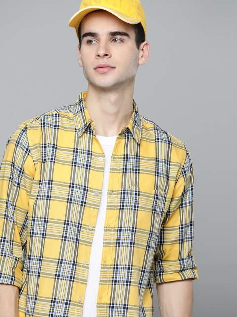 

Harvard Men Yellow & Navy Blue Tartan Checked Cotton Casual Shirt