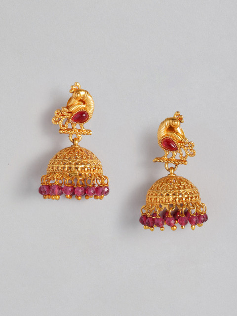 

Anouk Gold-Plated & Fuchsia Beaded Peacock Shaped Jhumkas