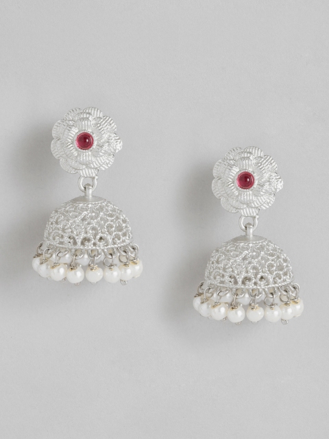

Anouk Silver-Toned & White Dome Shaped Jhumkas Earrings