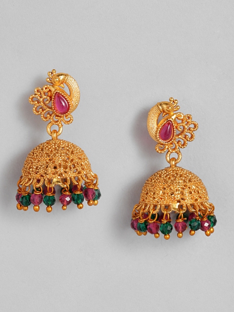 

Anouk Pink & Green Gold-Plated Beaded Peacock Shaped Jhumkas