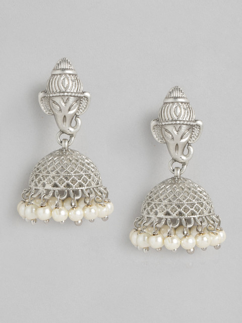 

Anouk Silver-Toned & White Dome Shaped Jhumkas Earrings