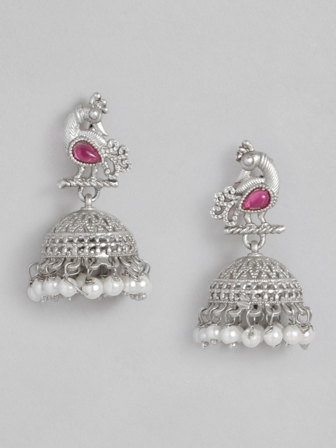 

Anouk Silver-Plated & Pink Peacock Shaped Jhumkas