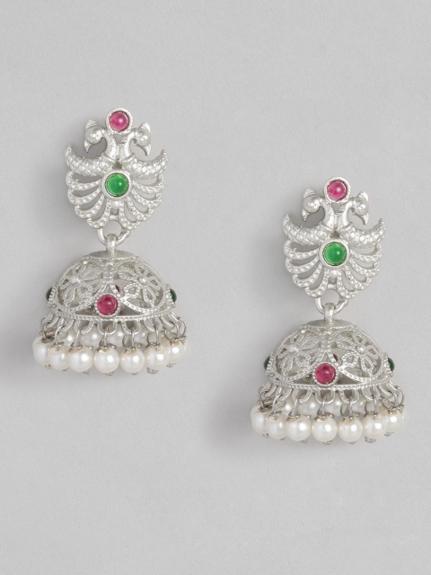 

Anouk Silver-Plated Multicoloured Peacock Shaped Jhumkas Earrings, Multi