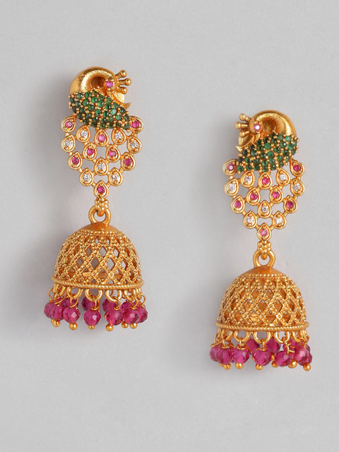 

Anouk Fuchsia & Green Gold-Plated Embellished Dome Shaped Jhumkas