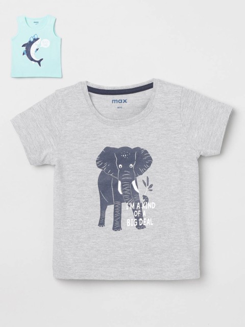 

max Boys Pack of 2 Grey Turquoise Blue Printed Pure Cotton T-shirt