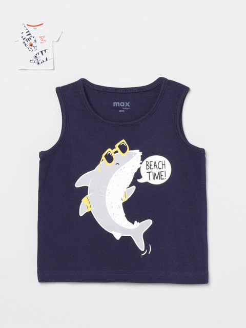 

max Boys Pack Of 2 Navy Blue White Printed Pure Cotton T-shirts