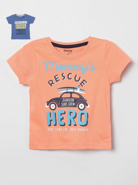 

max Boys Pack Of 2 Blue Rust Typography Printed Pure Cotton T-shirts