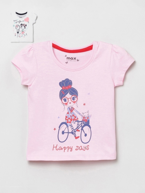

max Girls Grey & Pink Printed Slim Fit T-shirt