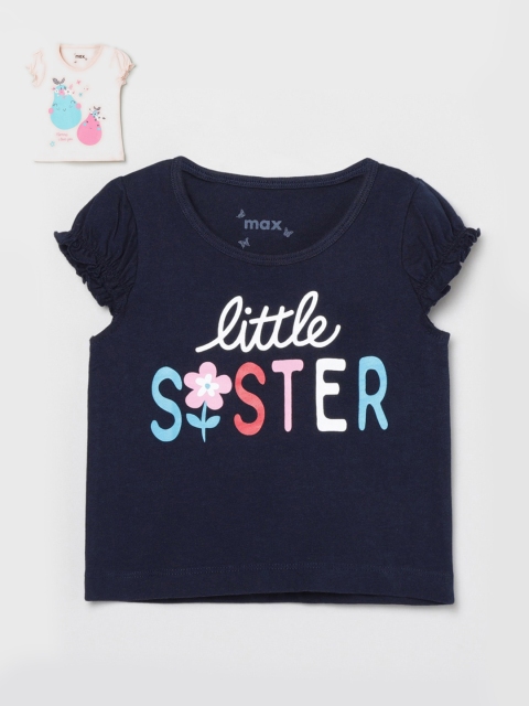 

max Kids-Girls Set of 2 Navy Blue Pink Printed Pure Cotton T-shirts