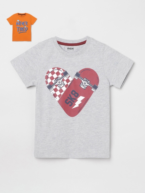 

max Boys Pack of 2 Grey Orange Typography Printed Pure Cotton T-shirt