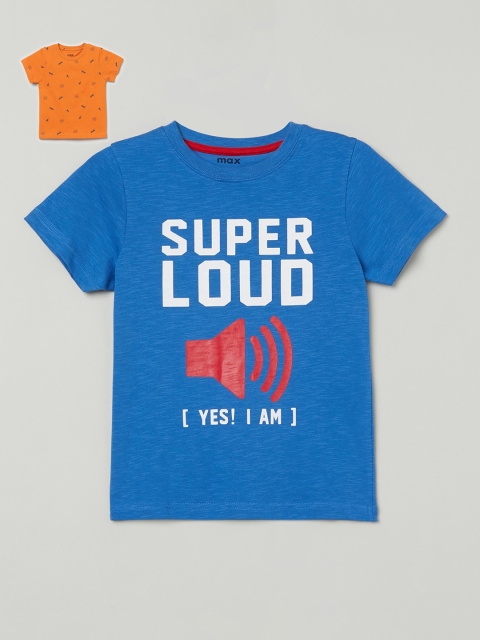 

max Boys Pack Of 2 Blue & Orange Printed Pure Cotton T-Shirts