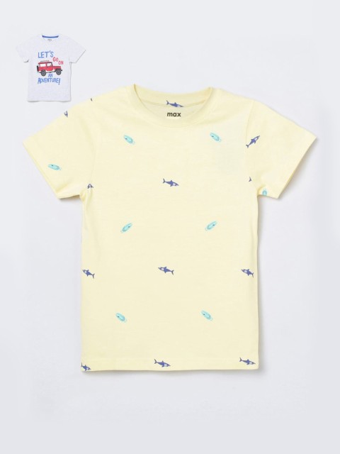

max Boys Pack of 2 Multicolored Printed Regular Pure Cotton T-shirts, Grey