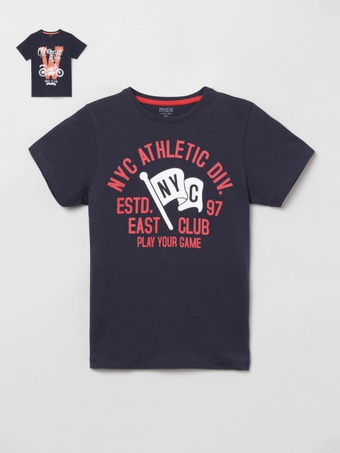 

max Boys Navy Blue & Red Typography Printed T-shirt