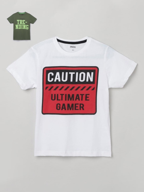 

max Kids-Boys White Olive Set of 2 Printed Pure Cotton T-shirts