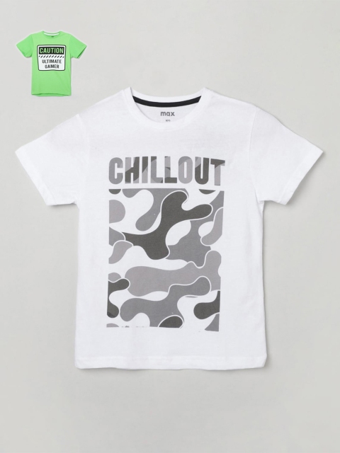 

max Boys Pack of 2 White & Green Typography Printed Pure Cotton T-shirt