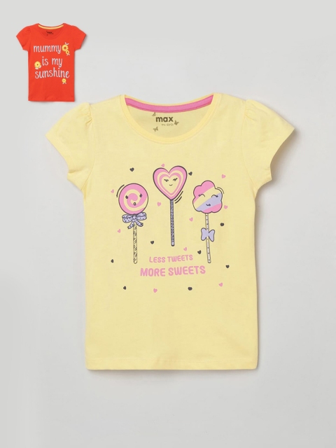 

max Girls Pack Of 2 Yellow Red Typography Printed Puff Sleeves Pure Cotton T-shirts