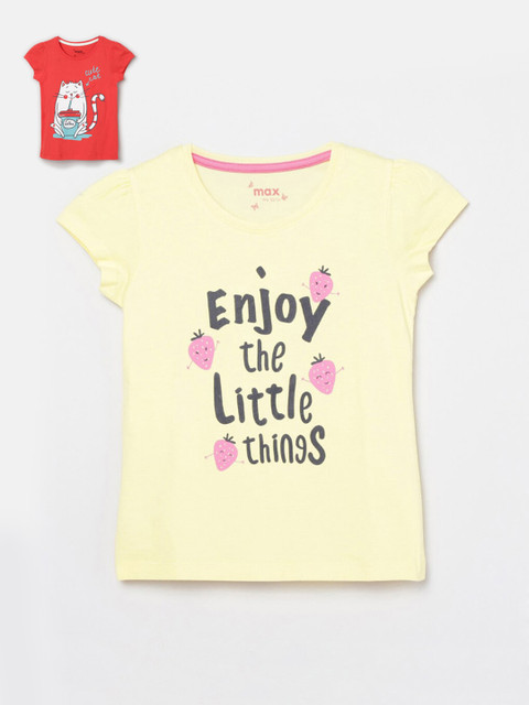 

max Girls Pack Of 2 Yellow Red Typography Printed Pure Cotton T-shirts