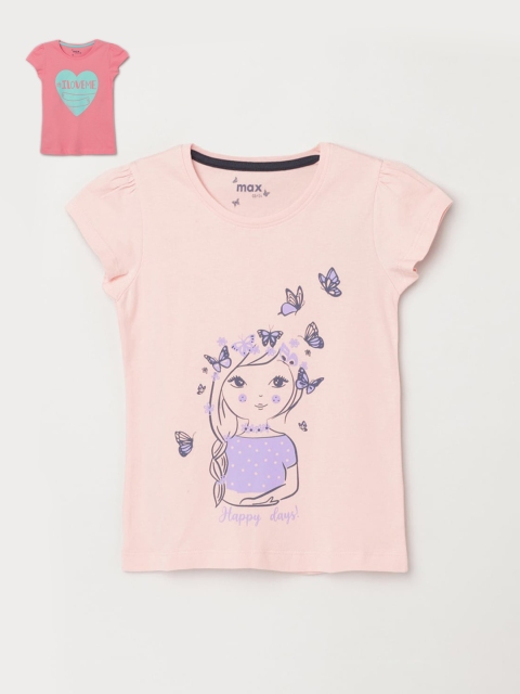 

Max Kids Girls Set of 2 Peach Pink Printed Pure Cotton T-shirts