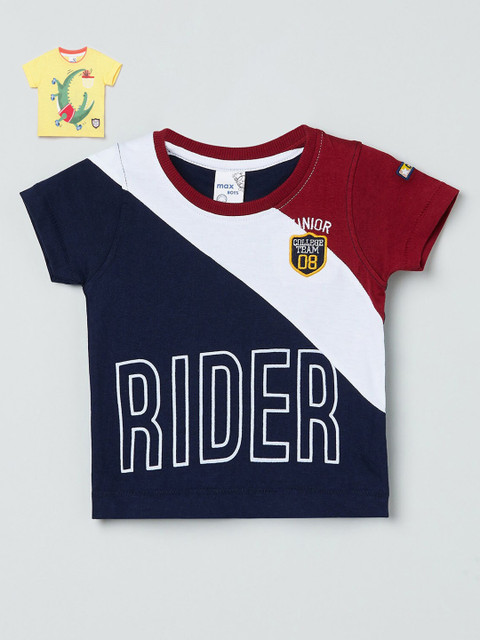 

max Boys Pack of 2 Navy Blue & White Colourblocked Pure Cotton T-shirt