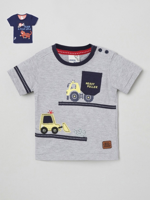 

Max Kids Boys Set of 2 Grey Navy Blue Printed Pure Cotton T-shirts
