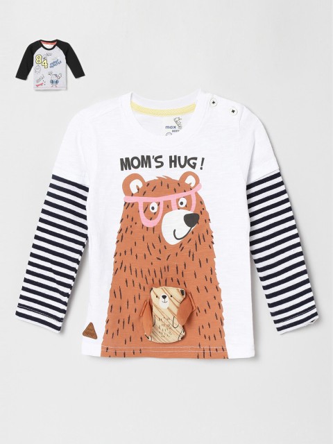 

max Boys Pack of 2 White Brown Printed Applique Pure Cotton T-shirt