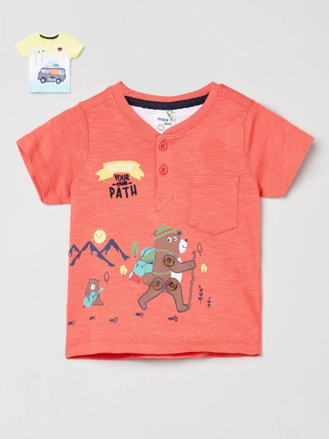 

max Kids-Boys Set of 2 Orange Yellow Printed Pure Cotton T-shirts