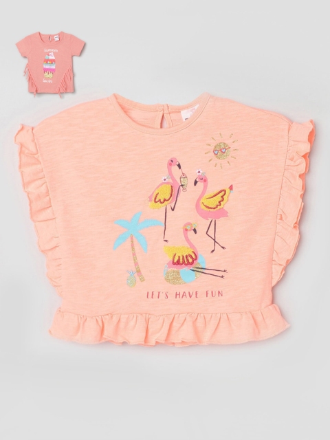 

max Kids-Girls Set of 2 Orange Pink Printed Pure Cotton T-shirts