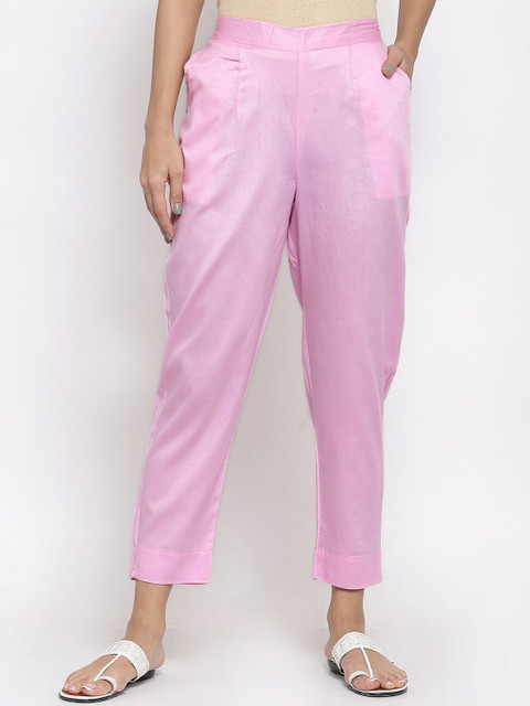 

FERANOID Women Jaam Silk Solid Pink Floral Straight Fit Peg Trousers