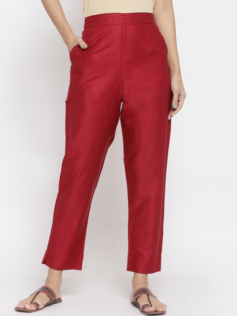 

FERANOID Women Jaam Silk Solid Red Straight Fit Trousers
