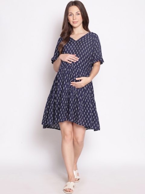 

Oxolloxo Women Navy Blue & White Floral Printed Crepe Maternity Dress