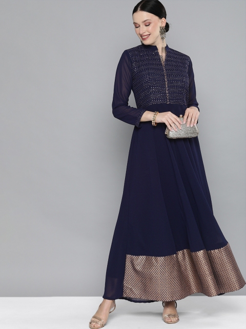 

Kvsfab Navy Blue Embellished Georgette Ethnic A-Line Maxi Dress