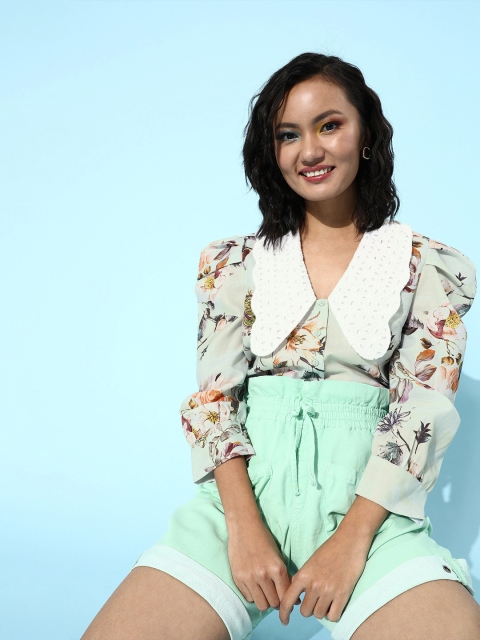 

QUIERO Women White Floral Opaque Printed Above The Keyboard Collar Casual Shirt