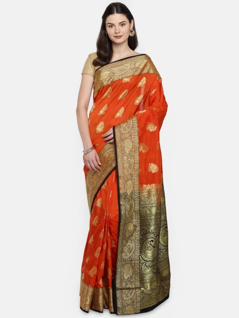 

Mitera Orange & Gold-Toned Woven Design Zari Art Silk Heavy Work Kanjeevaram Saree