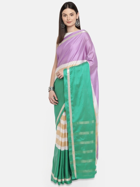 

Mitera Green & Lavender Colourblocked Zari Saree
