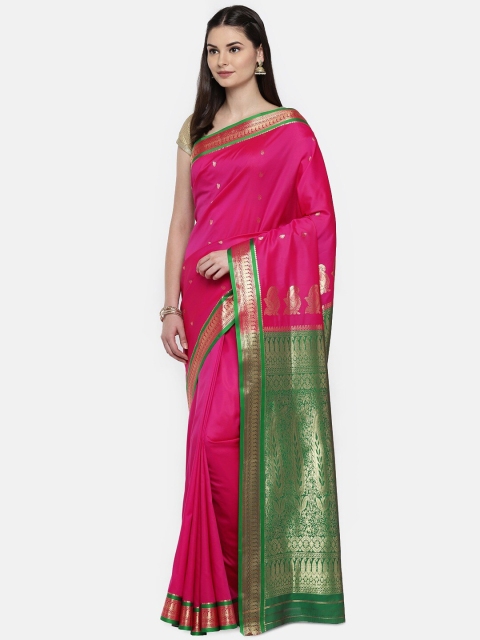 

Mitera Pink & Green Ethnic Motifs Zari Art Silk Mysore Silk Saree