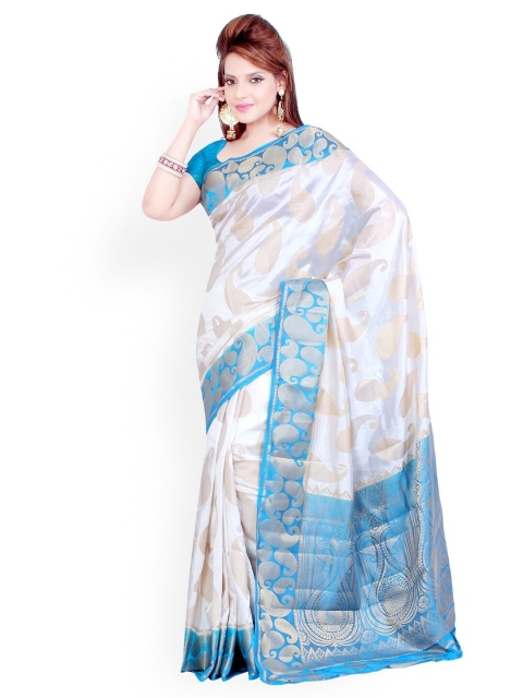 

Mitera White & Blue Woven Design Zari Art Silk Banarasi Saree